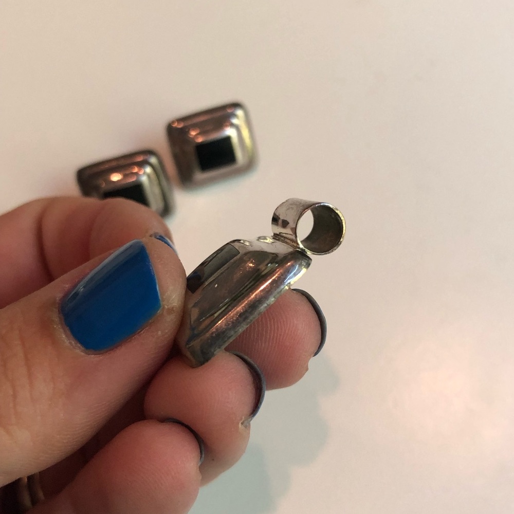 90’s Sterling silver & black onyx square enhancer pendant & earring set - Picture 2 of 4